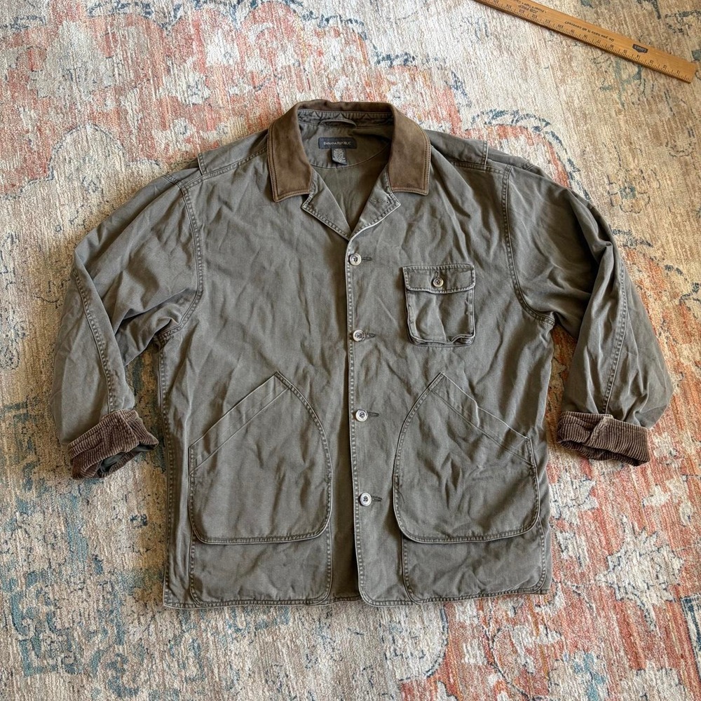 Banana Republic Mens L Brown Green Chore Jacket Leather Collar Corduroy Cuffs